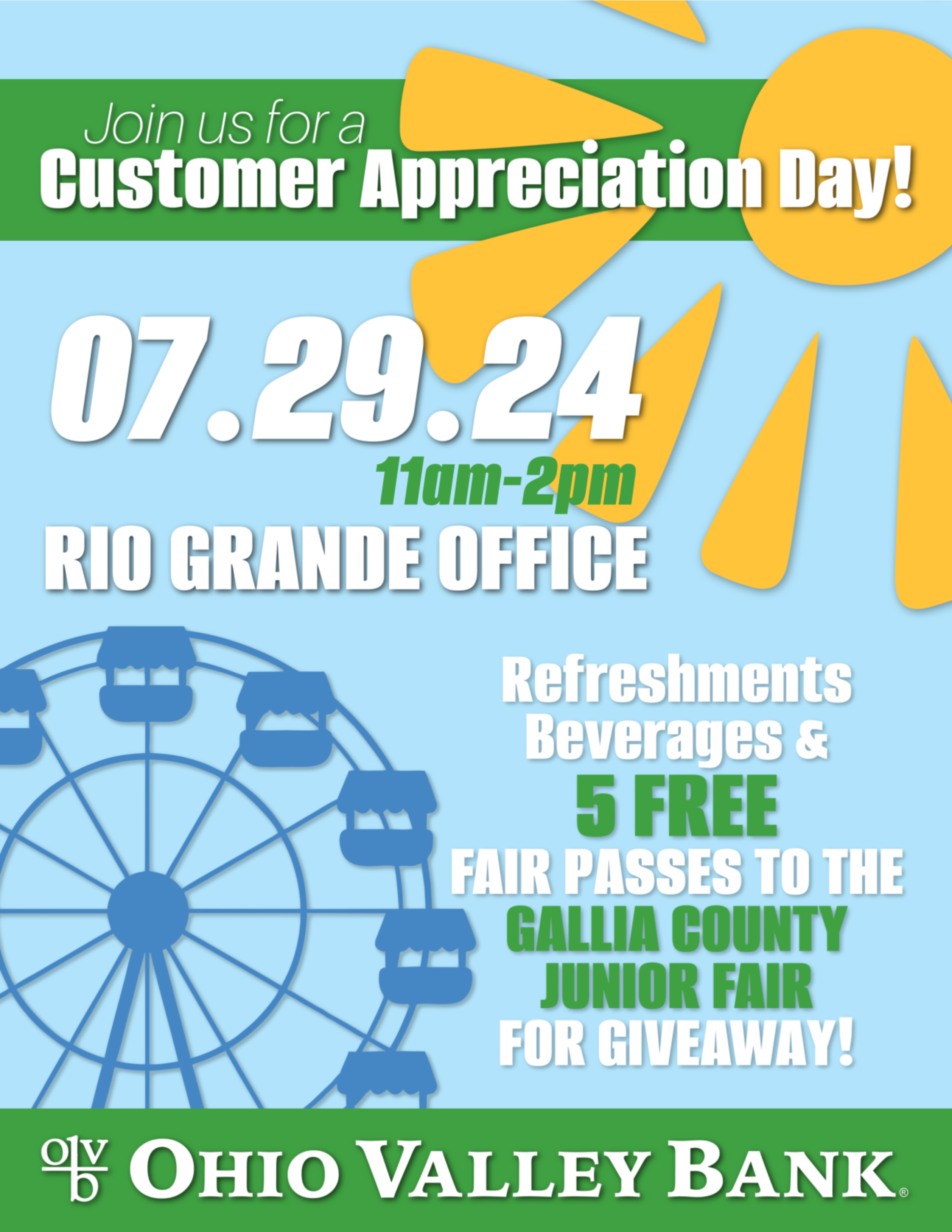 the point pleasant north office is holding a customer appreciation event on July 29th 2024. Between the hours of eleven a.m. and two p.m.